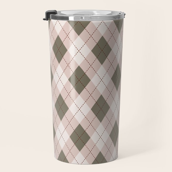 Classic Argyle Pattern Sage and Baby Pink Travel Mug Gallery Image 3