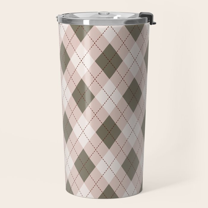 Classic Argyle Pattern Sage and Baby Pink Travel Mug Gallery Image 2