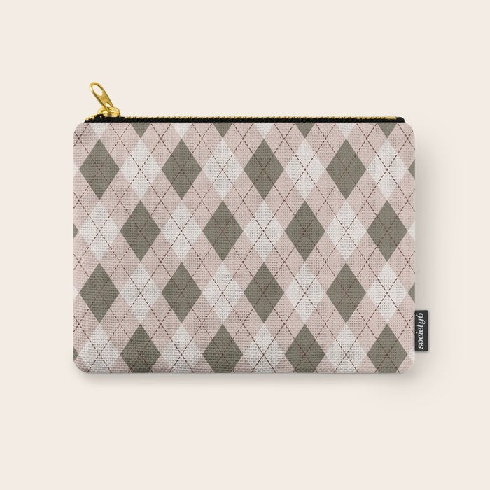 Classic Argyle Pattern Sage and Baby Pink Carry All Pouch Gallery Image 1