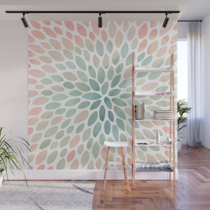Floral Bloom, Abstract Watercolor, Coral, Peach, Green, Floral Prints Wall Mural Gallery Image 1