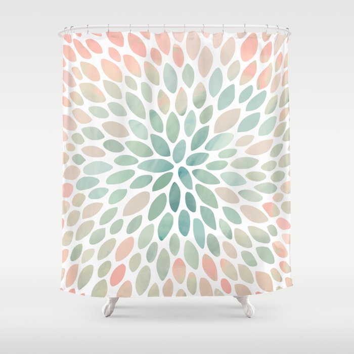 Floral Bloom, Abstract Watercolor, Coral, Peach, Green, Floral Prints Shower Curtain Gallery Image 1