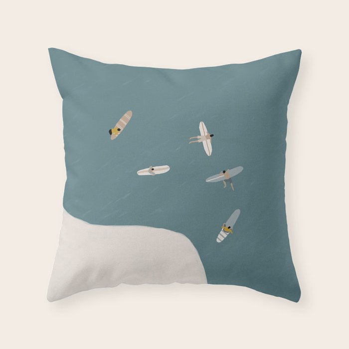 Surfers Surfing at the Sea Throw Pillow
