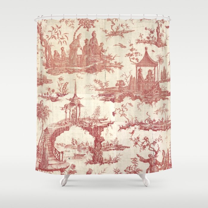 Antique 18th Century Chinoiserie Pagoda Toile de Jouy Shower Curtain Gallery Image 1