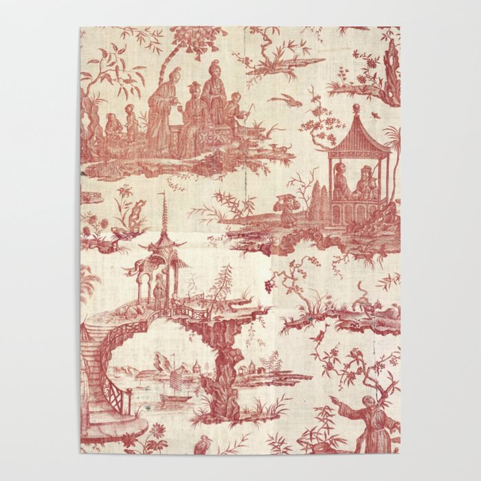 Antique 18th Century Chinoiserie Pagoda Toile de Jouy Poster Gallery Image 1