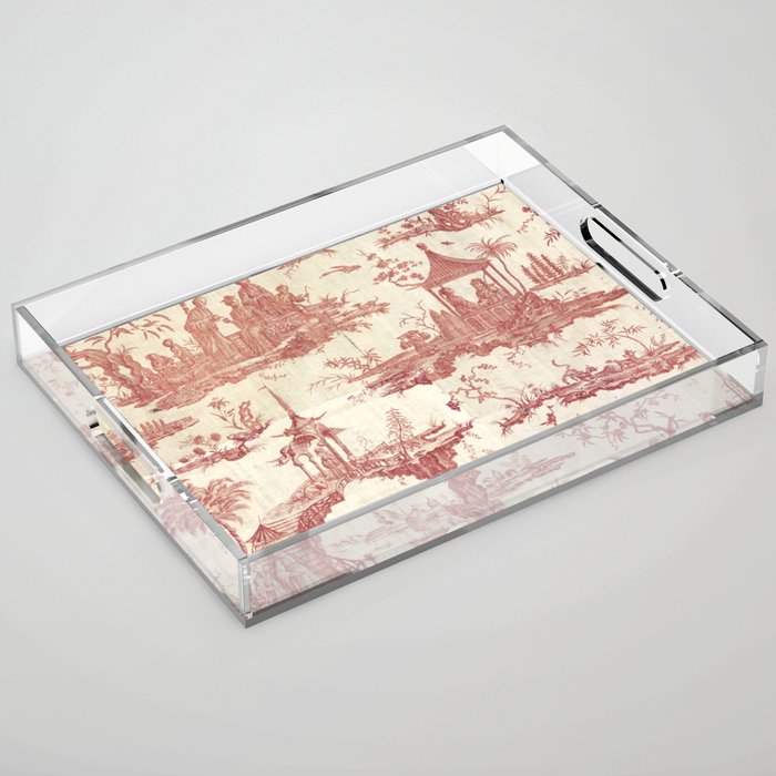 Antique 18th Century Chinoiserie Pagoda Toile de Jouy Acrylic Tray Gallery Image 1