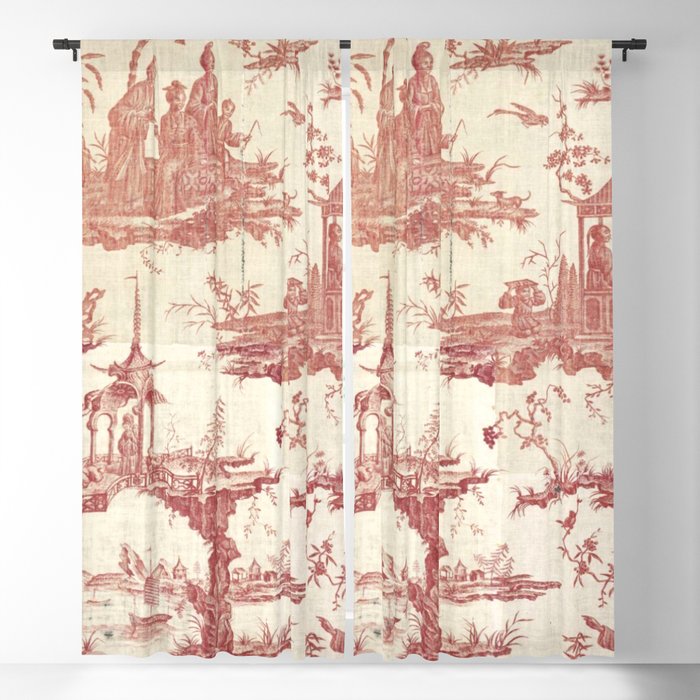 Antique 18th Century Chinoiserie Pagoda Toile de Jouy Window Curtain Gallery Image 1
