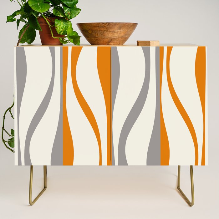 Mid Century Modern Retro Lounge Striped Ogee Pattern Gray Ochre Cream Credenza Gallery Image 1