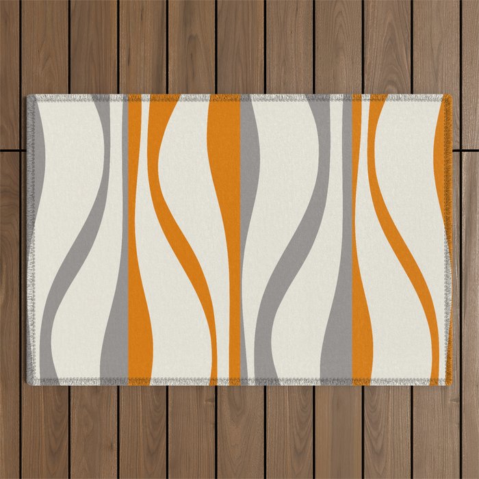 Mid Century Modern Retro Lounge Striped Ogee Pattern Gray Ochre Cream Outdoor Rug Gallery Image 1