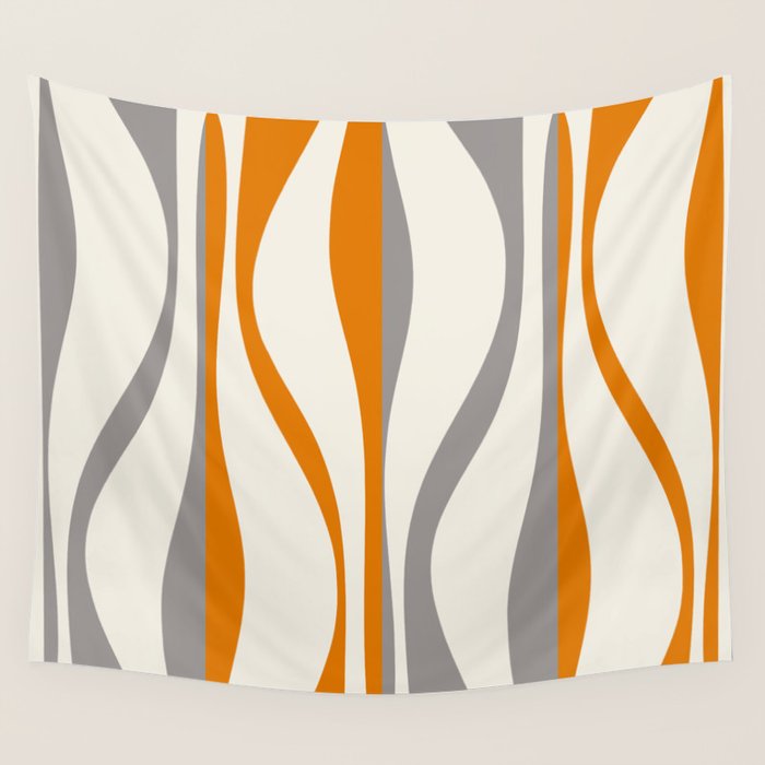 Mid Century Modern Retro Lounge Striped Ogee Pattern Gray Ochre Cream Wall Tapestry Gallery Image 1