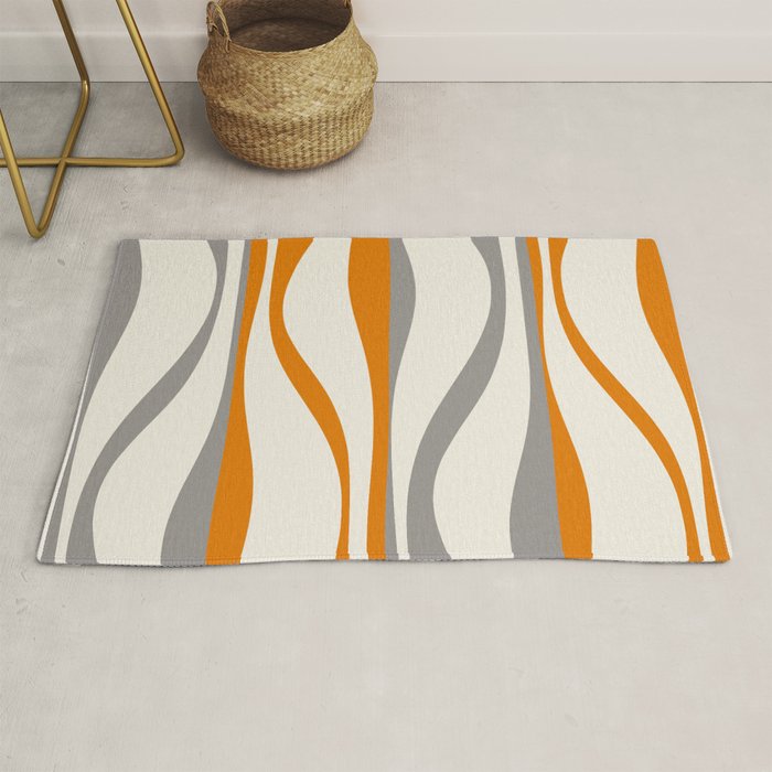 Mid Century Modern Retro Lounge Striped Ogee Pattern Gray Ochre Cream Rug Gallery Image 1