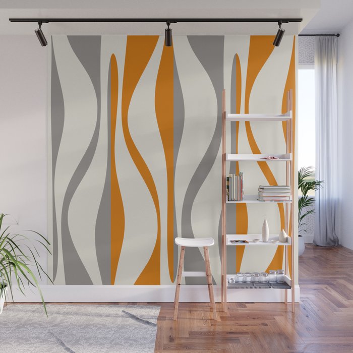 Mid Century Modern Retro Lounge Striped Ogee Pattern Gray Ochre Cream Wall Mural Gallery Image 1