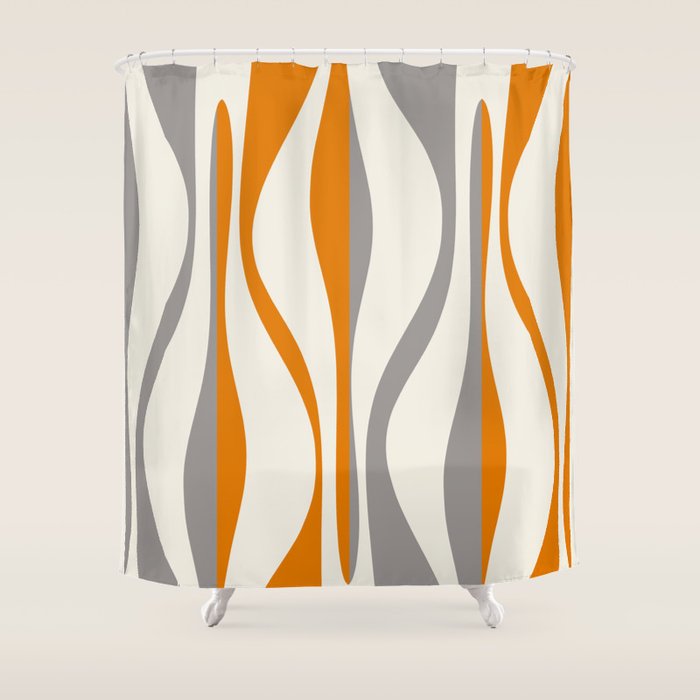 Mid Century Modern Retro Lounge Striped Ogee Pattern Gray Ochre Cream Shower Curtain Gallery Image 1