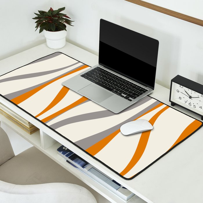Mid Century Modern Retro Lounge Striped Ogee Pattern Gray Ochre Cream Desk Mat Gallery Image 2