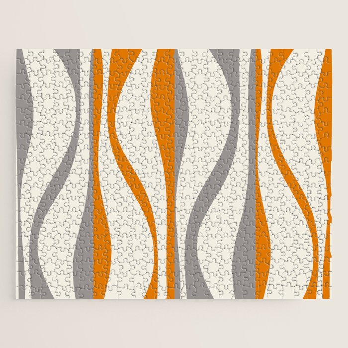 Mid Century Modern Retro Lounge Striped Ogee Pattern Gray Ochre Cream Jigsaw Puzzle Gallery Image 1
