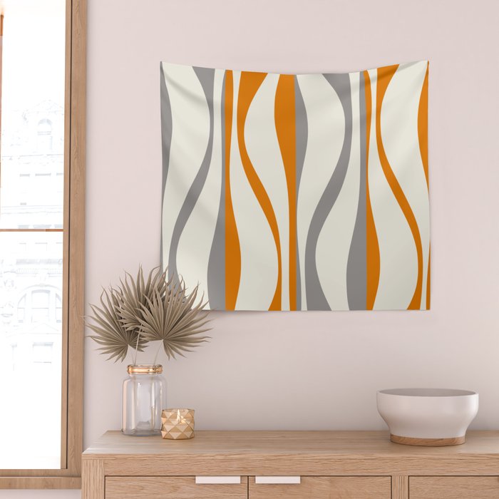 Mid Century Modern Retro Lounge Striped Ogee Pattern Gray Ochre Cream Wall Tapestry Gallery Image 2