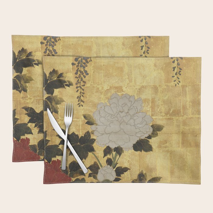 Vintage Japanese Floral Gold Leaf Screen With Wisteria and Peonies Placemat Gallery Image 1