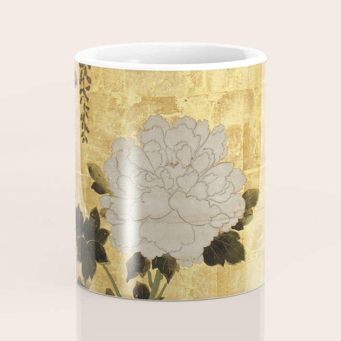 Vintage Japanese Floral Gold Leaf Screen With Wisteria and Peonies Coffee Mug Gallery Image 4