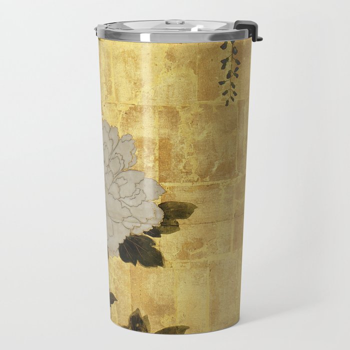 Vintage Japanese Floral Gold Leaf Screen With Wisteria and Peonies Travel Mug Gallery Image 2