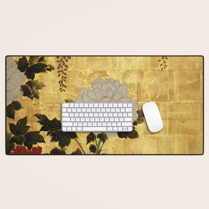 Vintage Japanese Floral Gold Leaf Screen With Wisteria and Peonies Desk Mat Gallery Image 1