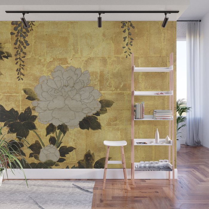 Vintage Japanese Floral Gold Leaf Screen With Wisteria and Peonies Wall Mural Gallery Image 1