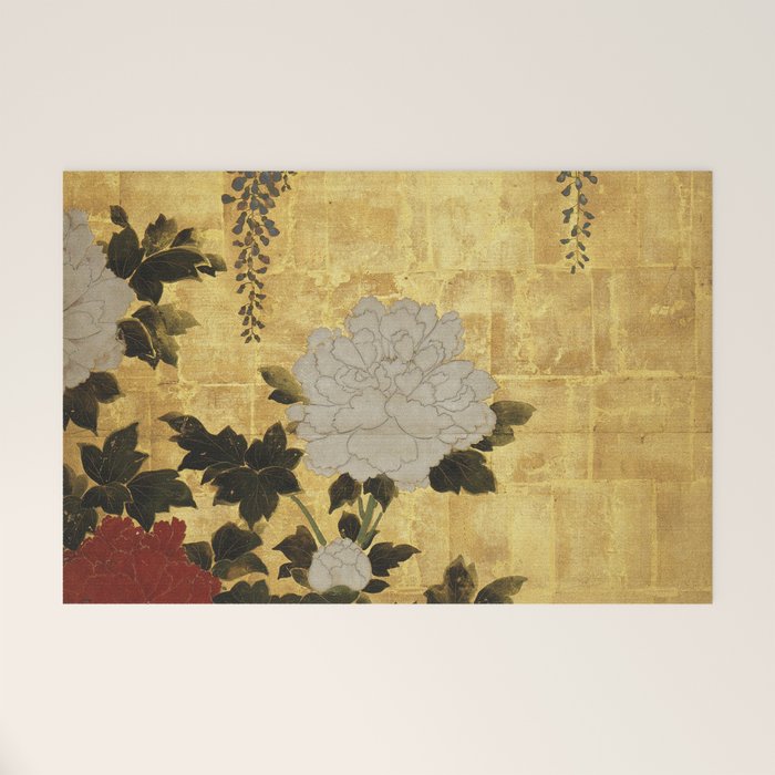 Vintage Japanese Floral Gold Leaf Screen With Wisteria and Peonies Welcome Mat Gallery Image 1