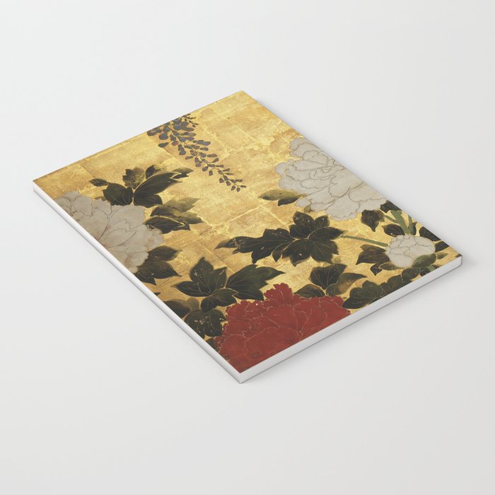 Vintage Japanese Floral Gold Leaf Screen With Wisteria and Peonies Notebook Gallery Image 3