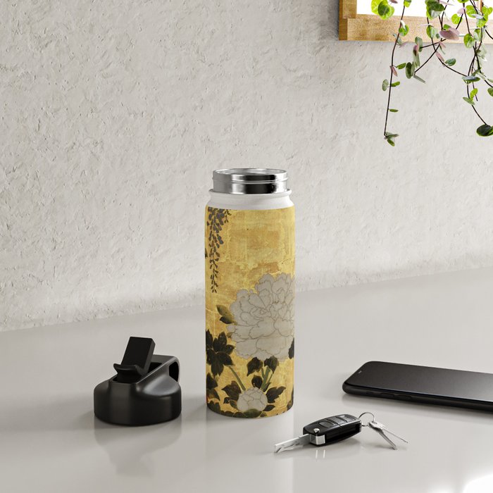 Vintage Japanese Floral Gold Leaf Screen With Wisteria and Peonies Water Bottle Gallery Image 4