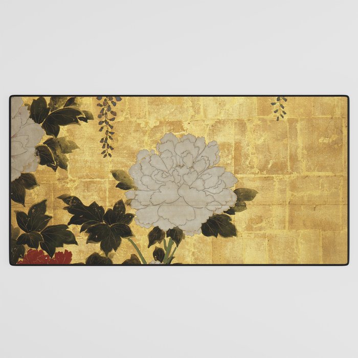 Vintage Japanese Floral Gold Leaf Screen With Wisteria and Peonies Desk Mat Gallery Image 3