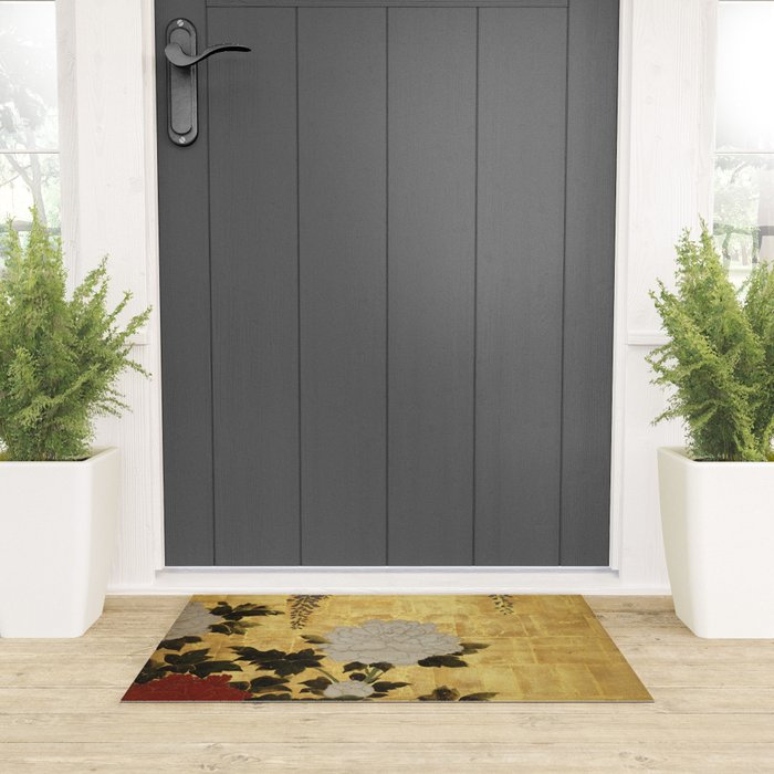 Vintage Japanese Floral Gold Leaf Screen With Wisteria and Peonies Welcome Mat Gallery Image 3