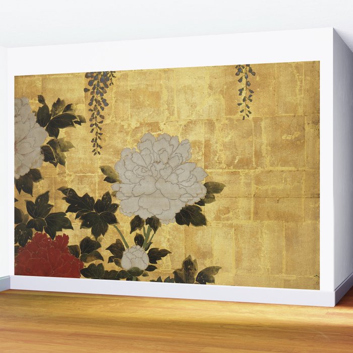 Vintage Japanese Floral Gold Leaf Screen With Wisteria and Peonies Wall Mural Gallery Image 2