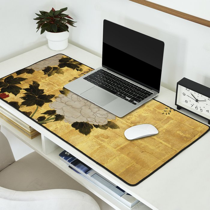 Vintage Japanese Floral Gold Leaf Screen With Wisteria and Peonies Desk Mat Gallery Image 2
