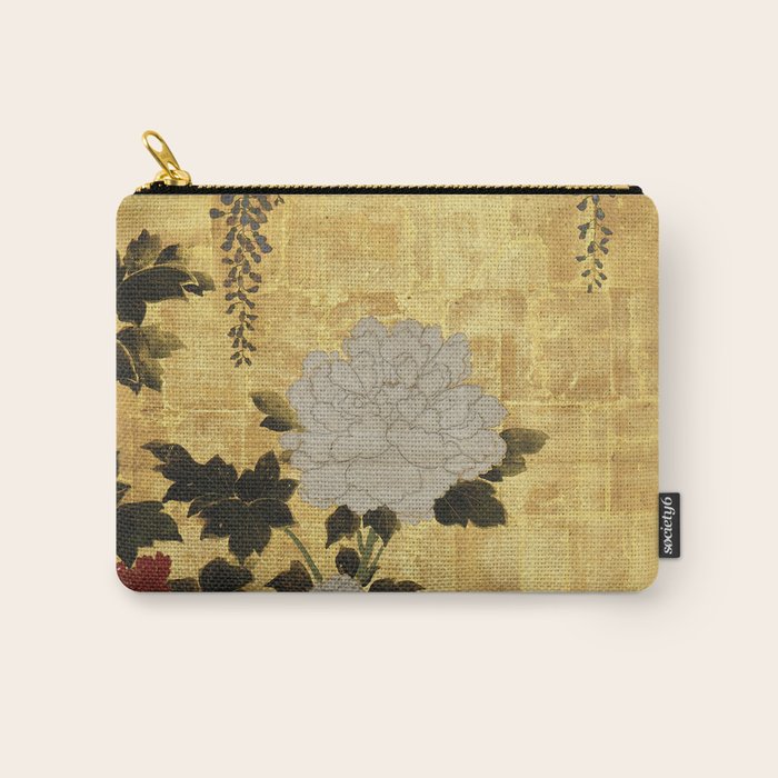 Vintage Japanese Floral Gold Leaf Screen With Wisteria and Peonies Carry All Pouch Gallery Image 1