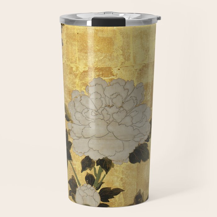 Vintage Japanese Floral Gold Leaf Screen With Wisteria and Peonies Travel Mug Gallery Image 1