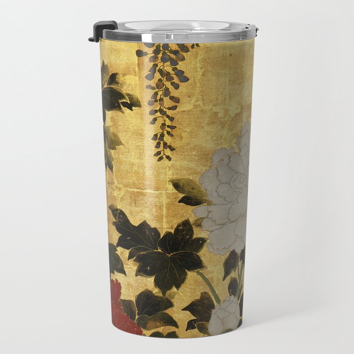 Vintage Japanese Floral Gold Leaf Screen With Wisteria and Peonies Travel Mug Gallery Image 3