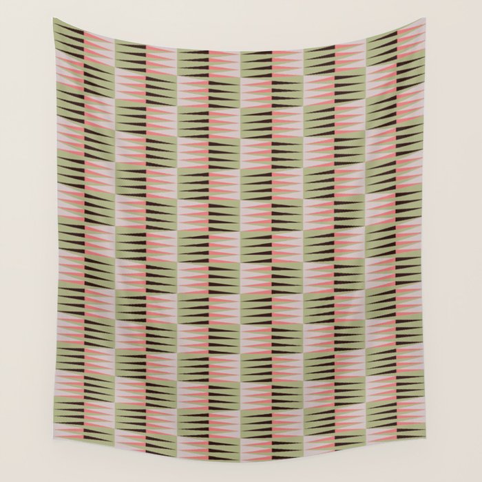 Geometric pattern rose and light green Wall Tapestry Gallery Image 1