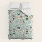 Cute Dogs on Aqua Blue, Dogs and Flowers, Pet Painting, Cute Animals, Golden Retriever, Dachshund, Corgi, Bulldog, Dalmation Comforter Gallery Image 6