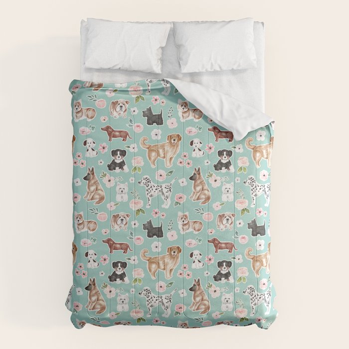 Cute Dogs on Aqua Blue, Dogs and Flowers, Pet Painting, Cute Animals, Golden Retriever, Dachshund, Corgi, Bulldog, Dalmation Comforter Gallery Image 6