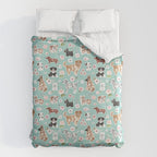 Cute Dogs on Aqua Blue, Dogs and Flowers, Pet Painting, Cute Animals, Golden Retriever, Dachshund, Corgi, Bulldog, Dalmation Duvet Cover Gallery Image 6