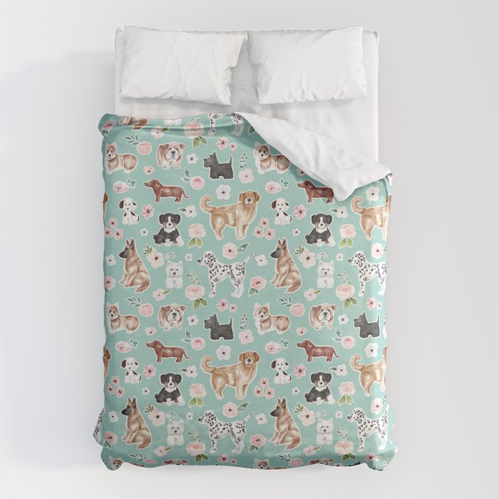 Cute Dogs on Aqua Blue, Dogs and Flowers, Pet Painting, Cute Animals, Golden Retriever, Dachshund, Corgi, Bulldog, Dalmation Duvet Cover Gallery Image 6