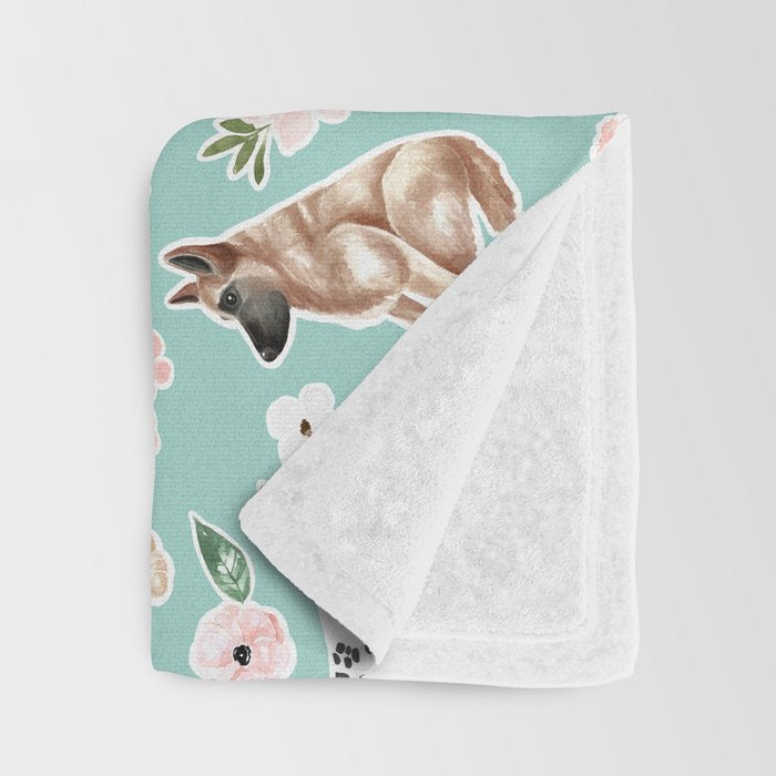 Cute Dogs on Aqua Blue, Dogs and Flowers, Pet Painting, Cute Animals, Golden Retriever, Dachshund, Corgi, Bulldog, Dalmation Throw Blanket Gallery Image 3