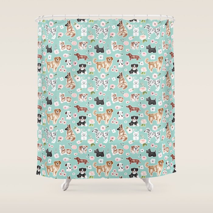 Cute Dogs on Aqua Blue, Dogs and Flowers, Pet Painting, Cute Animals, Golden Retriever, Dachshund, Corgi, Bulldog, Dalmation Shower Curtain Gallery Image 1