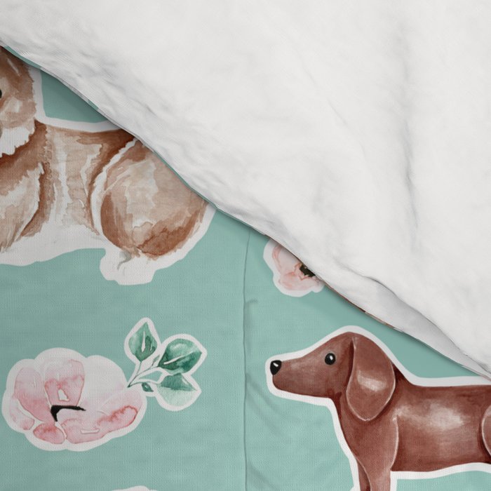Cute Dogs on Aqua Blue, Dogs and Flowers, Pet Painting, Cute Animals, Golden Retriever, Dachshund, Corgi, Bulldog, Dalmation Comforter Gallery Image 4