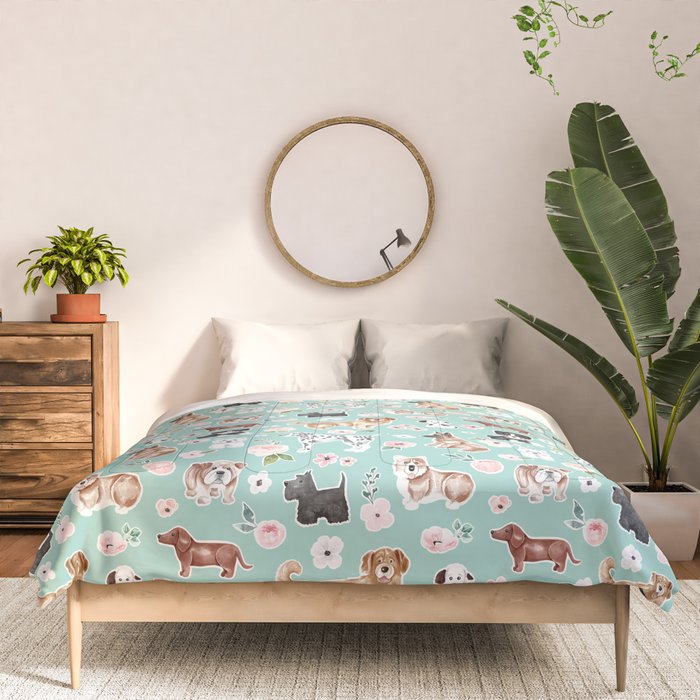 Cute Dogs on Aqua Blue, Dogs and Flowers, Pet Painting, Cute Animals, Golden Retriever, Dachshund, Corgi, Bulldog, Dalmation Comforter Gallery Image 3
