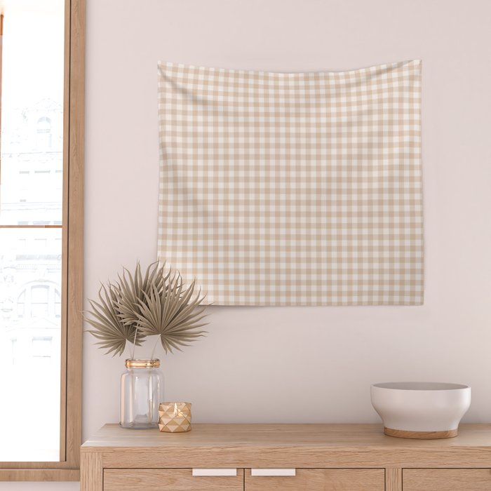Gingham Plaid Pattern - Warm Neutral Tan Wall Tapestry Gallery Image 2