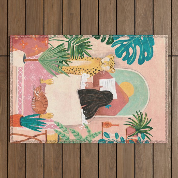 Woman relaxing in bath travel  Outdoor Rug Gallery Image 1