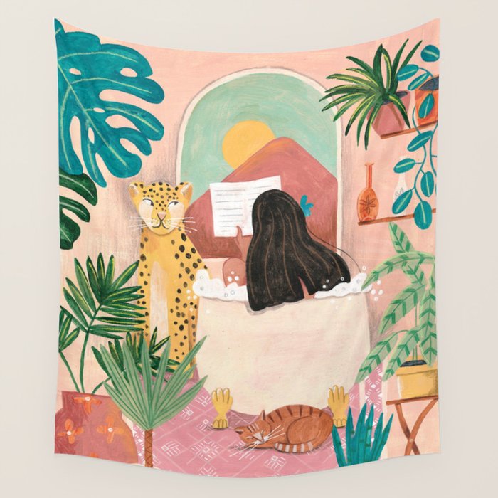 Woman relaxing in bath travel  Wall Tapestry Gallery Image 4