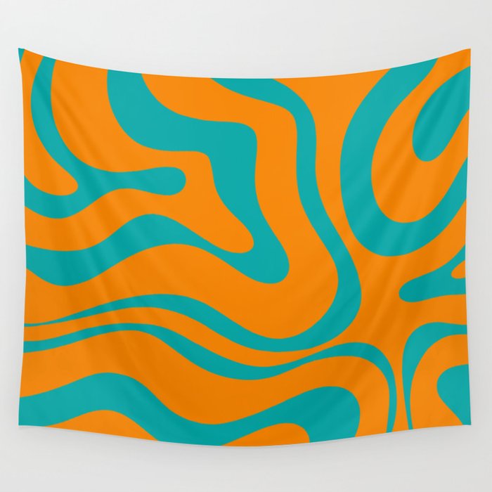 Retro Modern Liquid Swirl Abstract Pattern Square in Turquoise and Orange Wall Tapestry Gallery Image 1