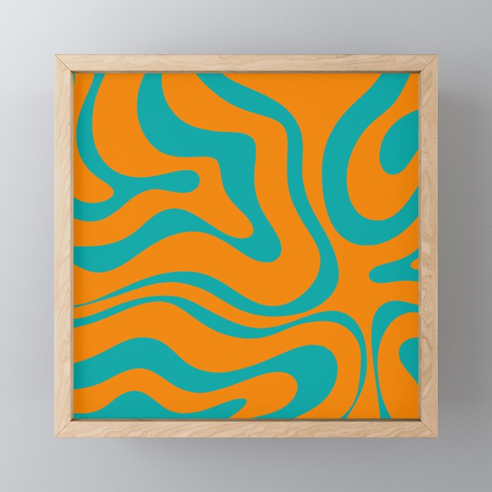 Retro Modern Liquid Swirl Abstract Pattern Square in Turquoise and Orange Mini Art Print Gallery Image 1