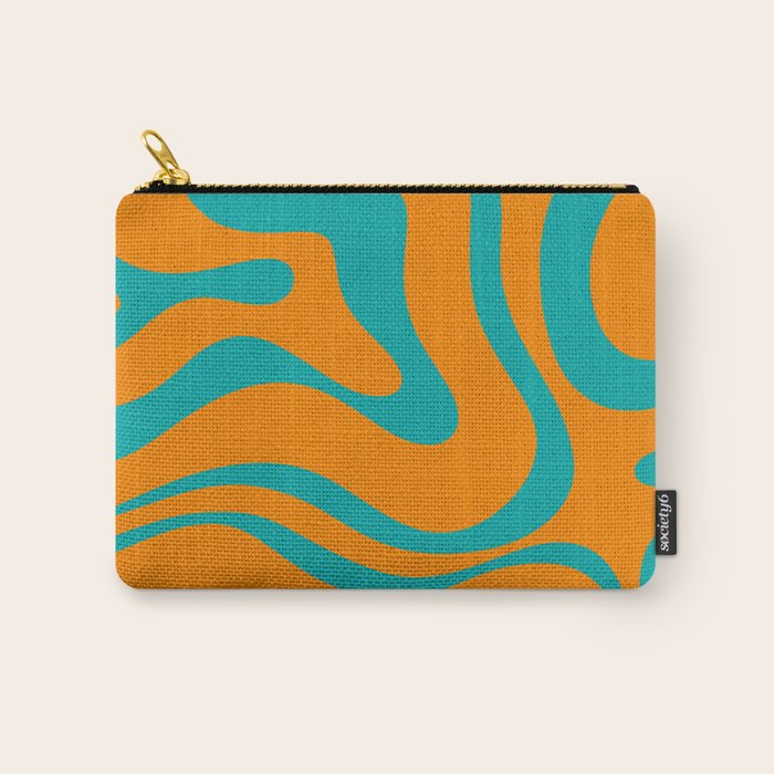 Retro Modern Liquid Swirl Abstract Pattern Square in Turquoise and Orange Carry All Pouch Gallery Image 1