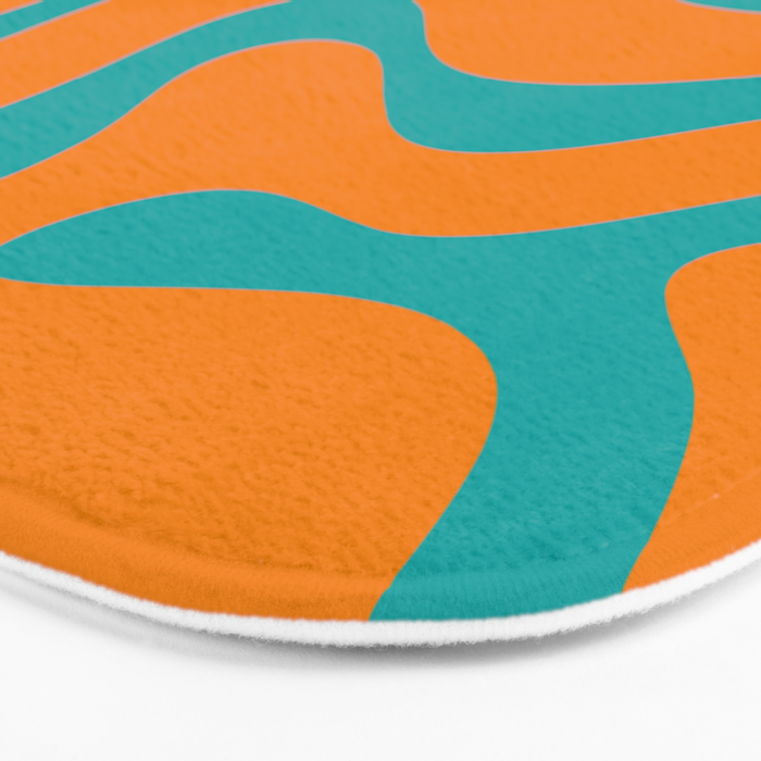 Retro Modern Liquid Swirl Abstract Pattern Square in Turquoise and Orange Bath Mat Gallery Image 3